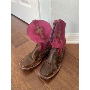 Ariat Kids Girl's Square Toe Brown Leather & Purple Suede‎ Cowboy Boots